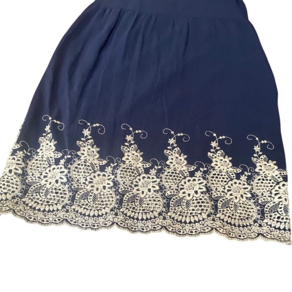 Orange Creek Navy Blue Sleeveless Dress L Embroidered Lace Hem 100% Cotton USA - Picture 3 of 6